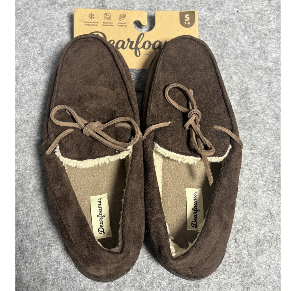 Dearfoams Memory Foam Moccasin Slippers 7-8 Brown Suede Faux Shearling Lining